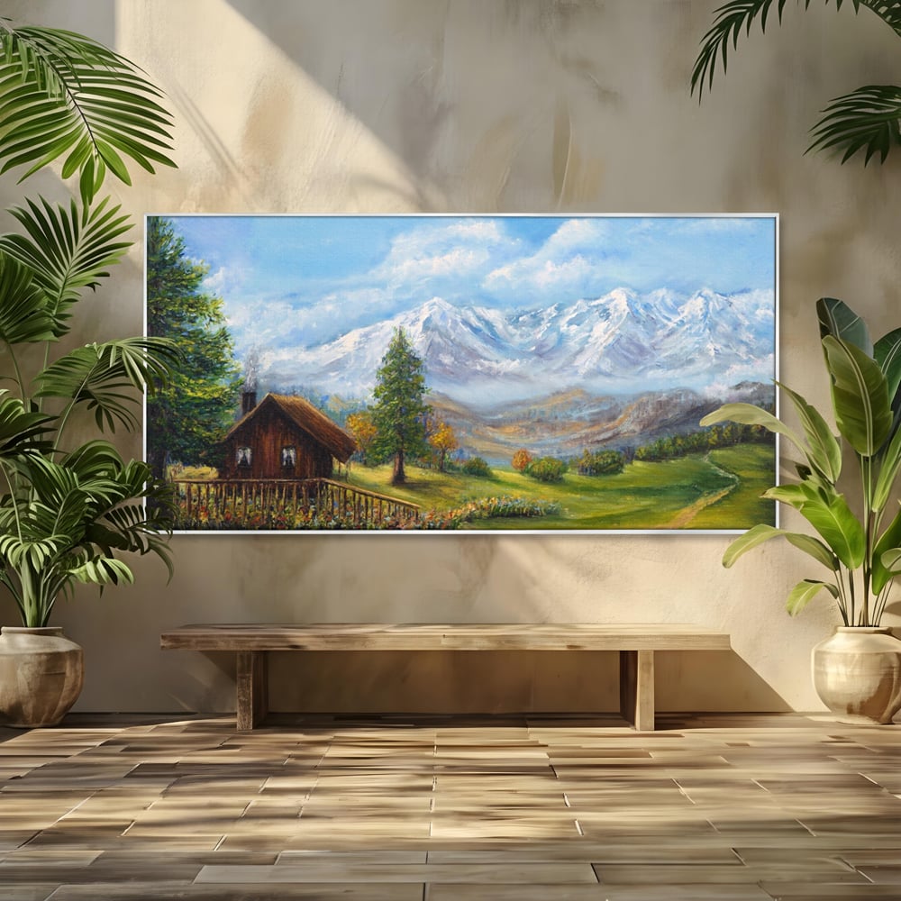 Tablou canvas cu tablou canvas cu peisaj montan si cabana, in rama de aluminiu argintiu